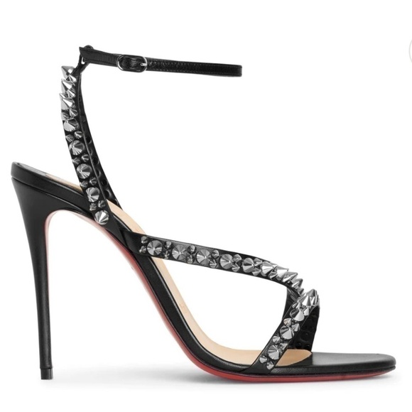 CHRISTIAN Louboutin Mafaldina 100mm silver spikes sandals EU38.5 Napa black lthr - Picture 12 of 12